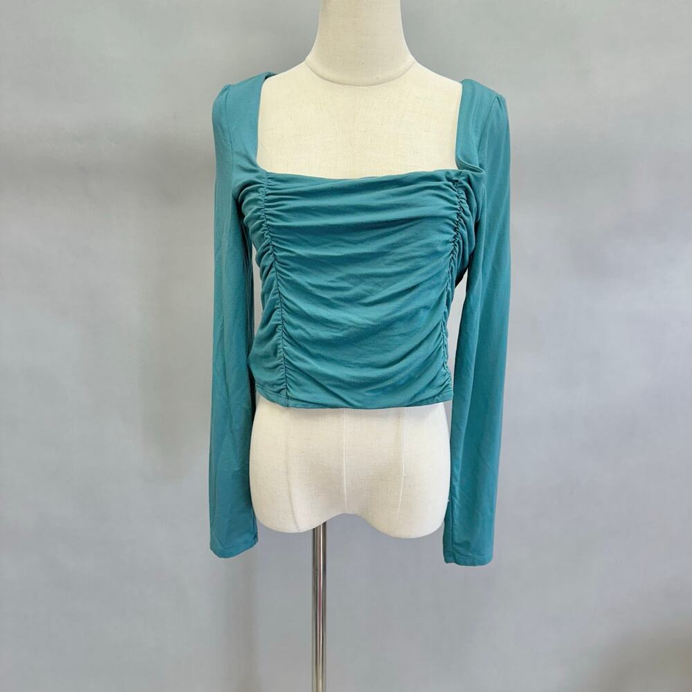 Wilfred Lydia teal crop top square neck ruched front long sleeve Size Large